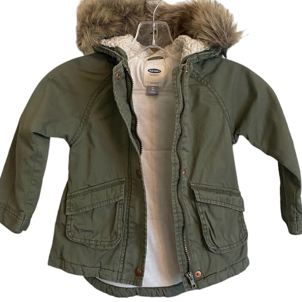 Warm Hooded Winter Coat Fur Trim Hood Jacket Old Navy Olive Khaki Green Size 4T
